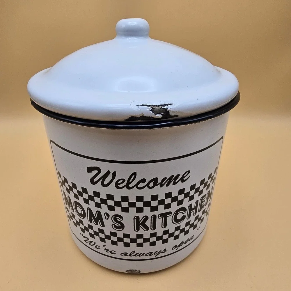 Vintage Mom's Kitchen Enamel Canister Set White Black Checkered 3 Piece Rustic